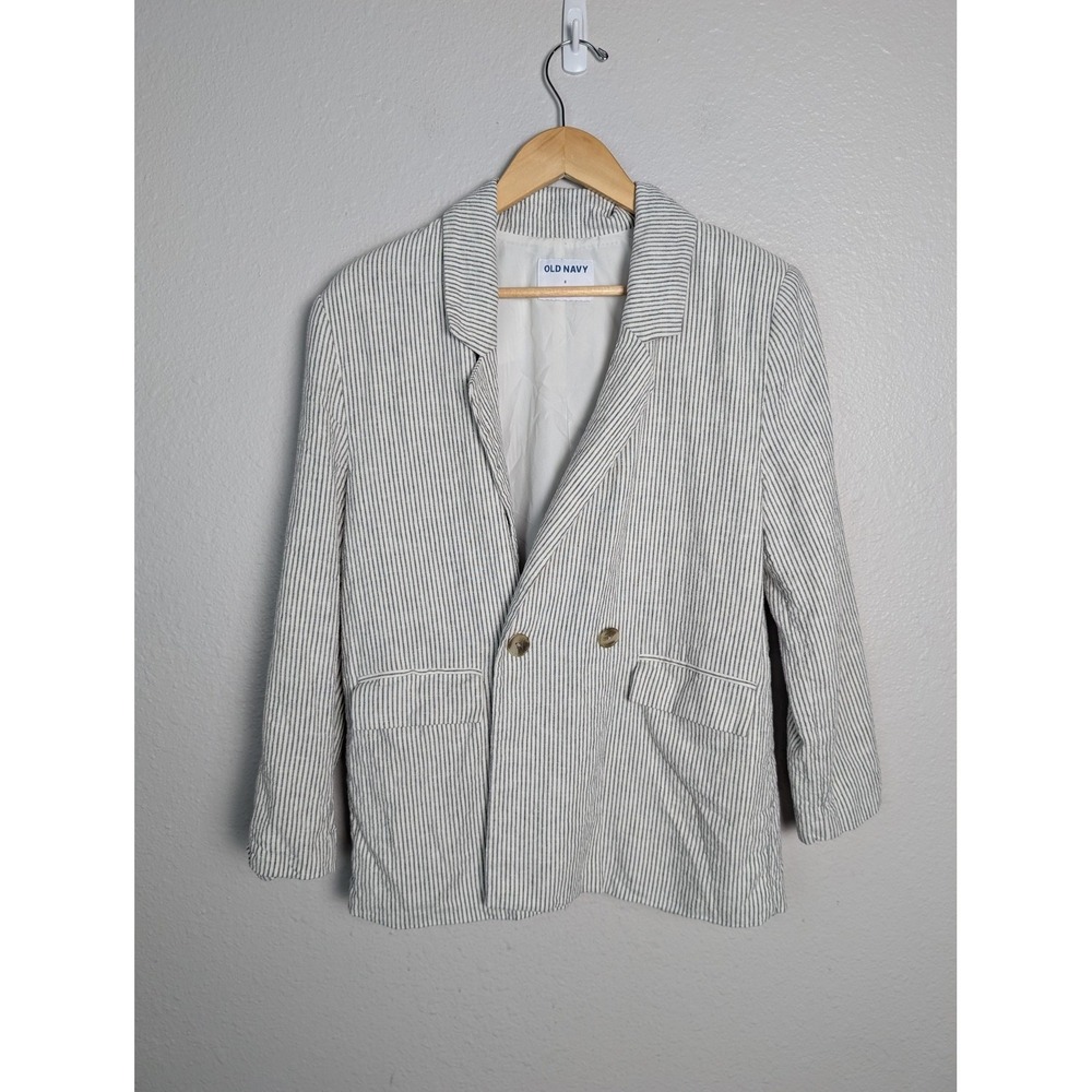Old Navy Blazer Womens‎ S White Linen Viscose Pinstripe Lined Two Button
